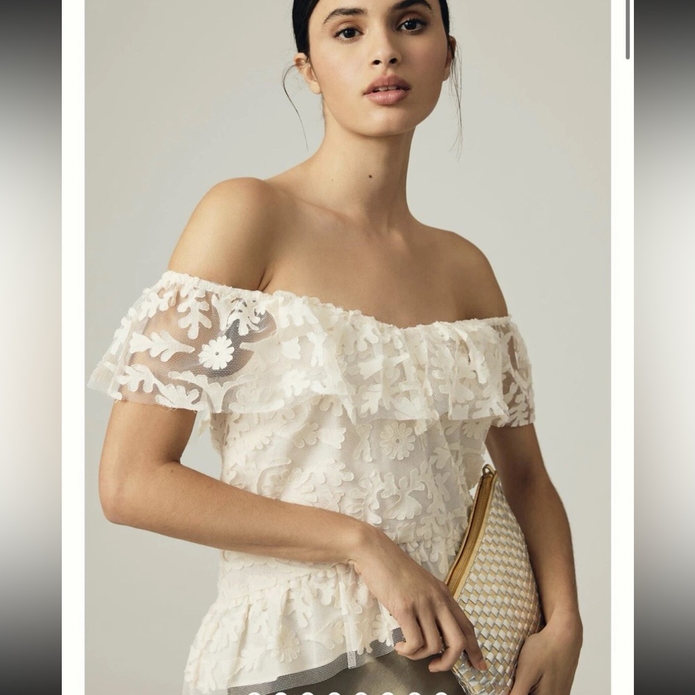 Anthropologie Ivory Off-the-Shoulder Floral Lace Blouse